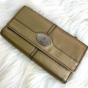 Fossil Maddox Gold Metallic Leather Trifold Wallet